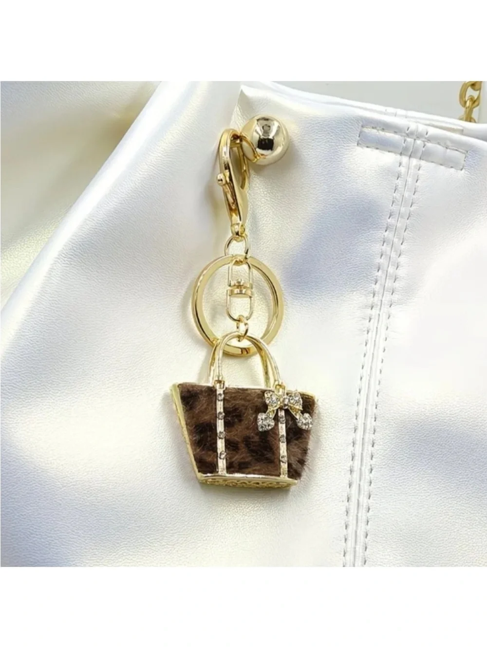 Leopard Print Mini Tote Charm Keychain - Gold Accent